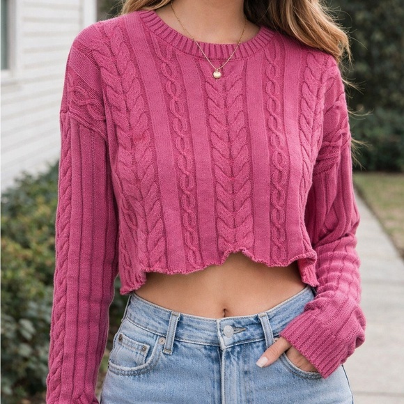 Altar'd State Sweaters - Altar’d State Cable Knit Sweater Size Medium Cropped Pink